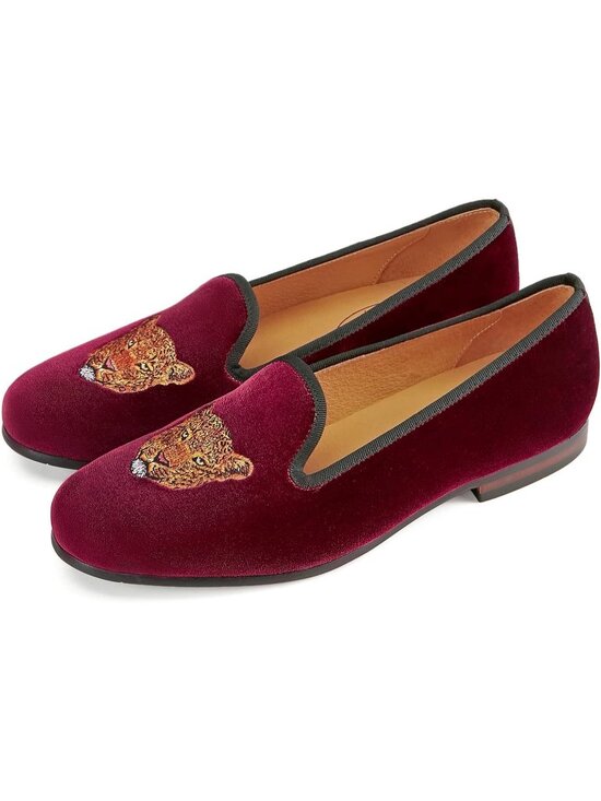 Men\'s Leopard Burgundy Rubber Velvet Loafers Embroidery Slip-On Tuxedo Shoes main image 4